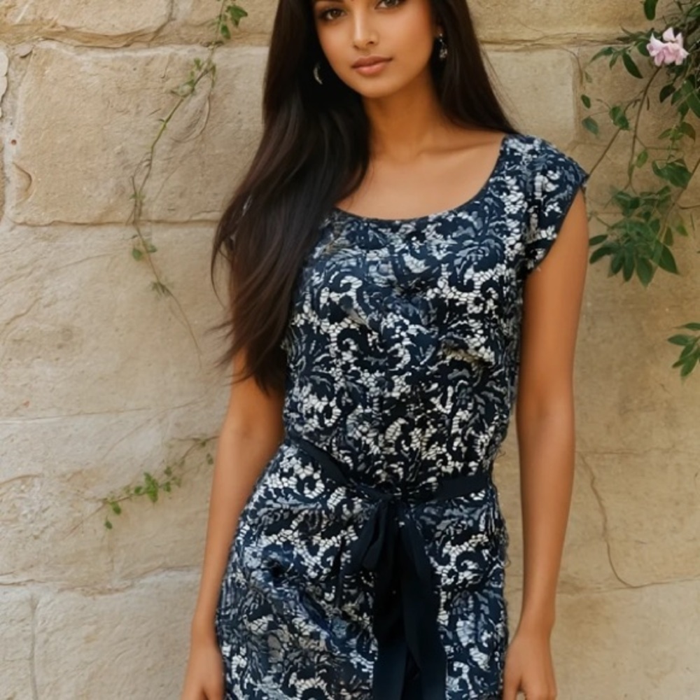 H&M black cream lace print bow waist dress 4